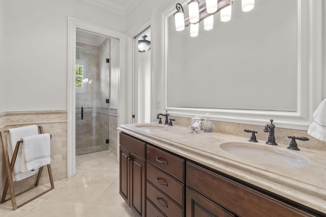 9212 Perth Rd, Lake Worth, FL 33467 - full bathroom with crown molding, a shower stall, double vanity, and marble finish flooring