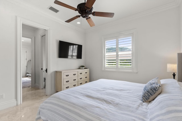 9212 Perth Rd, Lake Worth, FL 33467 - bedroom featuring ornamental molding, light marble finish floors, baseboards, ceiling fan, and recessed lighting
