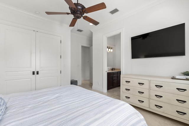 9212 Perth Rd, Lake Worth, FL 33467 - bedroom with a closet, ornamental molding, a ceiling fan, connected bathroom, and baseboards