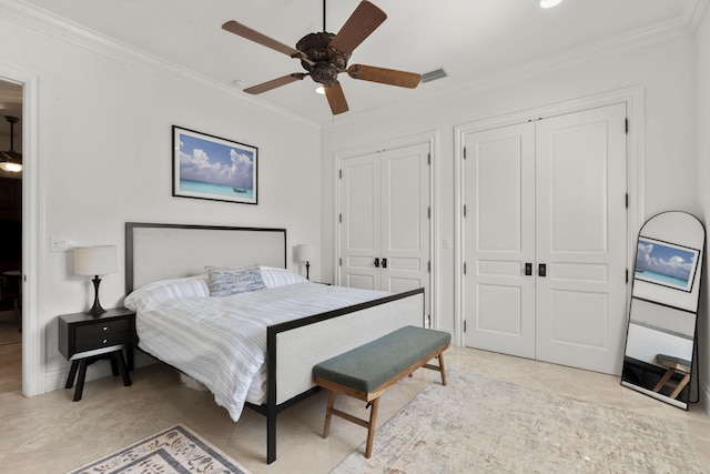 9212 Perth Rd, Lake Worth, FL 33467 - bedroom featuring multiple closets, crown molding, a ceiling fan, and recessed lighting