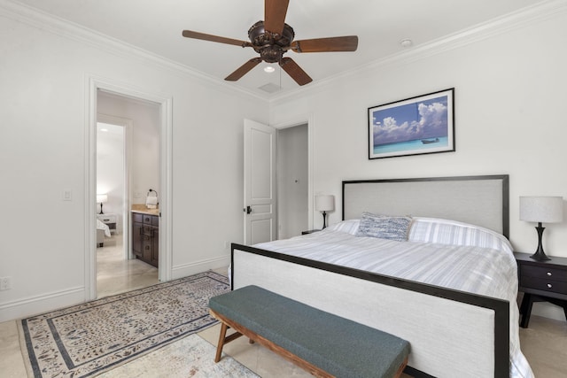 9212 Perth Rd, Lake Worth, FL 33467 - bedroom featuring crown molding, baseboards, connected bathroom, and a ceiling fan