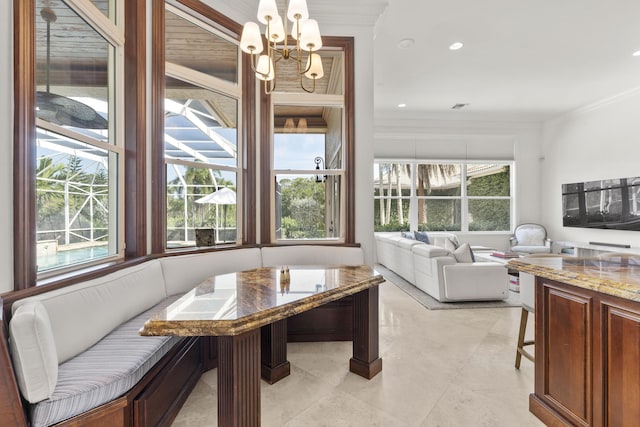 9212 Perth Rd, Lake Worth, FL 33467 - dining space with a chandelier, ornamental molding, recessed lighting, and light tile patterned flooring