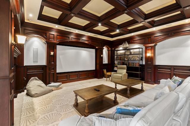 9212 Perth Rd, Lake Worth, FL 33467 - home theater with a decorative wall, decorative columns, coffered ceiling, beamed ceiling, and crown molding