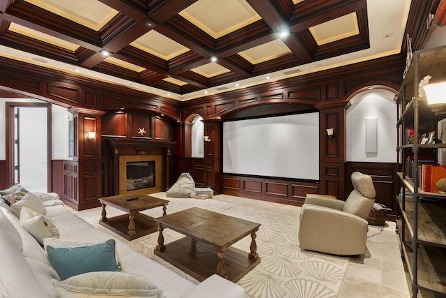 9212 Perth Rd, Lake Worth, FL 33467 - cinema room with a decorative wall, coffered ceiling, beamed ceiling, ornamental molding, and a glass covered fireplace