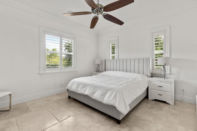 9212 Perth Rd, Lake Worth, FL 33467 - bedroom with ornamental molding, baseboards, a ceiling fan, and stone tile flooring