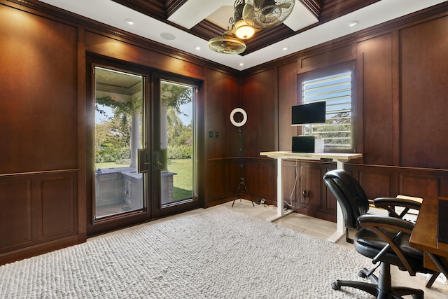 9212 Perth Rd, Lake Worth, FL 33467 - office space with ornamental molding, a decorative wall, coffered ceiling, beam ceiling, and light tile patterned flooring