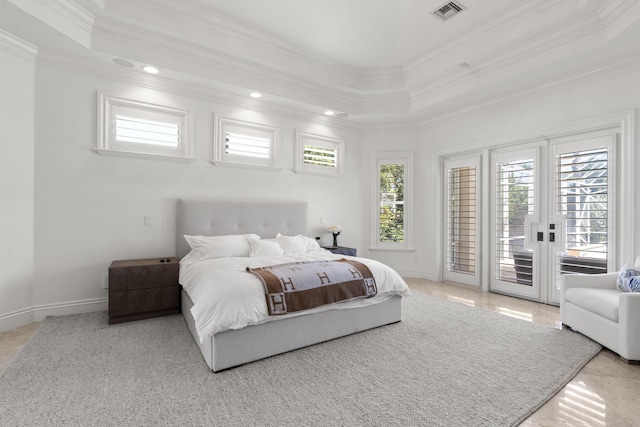 9212 Perth Rd, Lake Worth, FL 33467 - bedroom featuring ornamental molding, access to exterior, a raised ceiling, baseboards, and recessed lighting