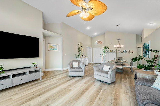 10560 Plainview Cir, Boca Raton, FL 33498 - living room featuring a chandelier, a ceiling fan, light wood-type flooring, baseboards, and recessed lighting