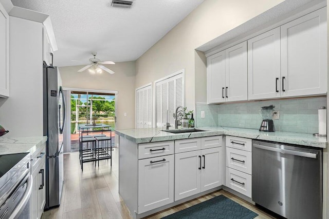 10560 Plainview Cir, Boca Raton, FL 33498 - kitchen featuring stainless steel appliances, a sink, a peninsula, a ceiling fan, and light wood-style floors
