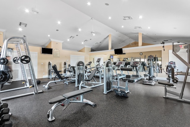 10560 Plainview Cir, Boca Raton, FL 33498 - gym with ornamental molding, vaulted ceiling, baseboards, and recessed lighting