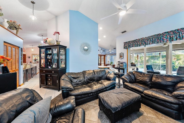 17862 123rd Ter N, Jupiter, FL 33478 - living room featuring a ceiling fan, light tile patterned floors, and high vaulted ceiling