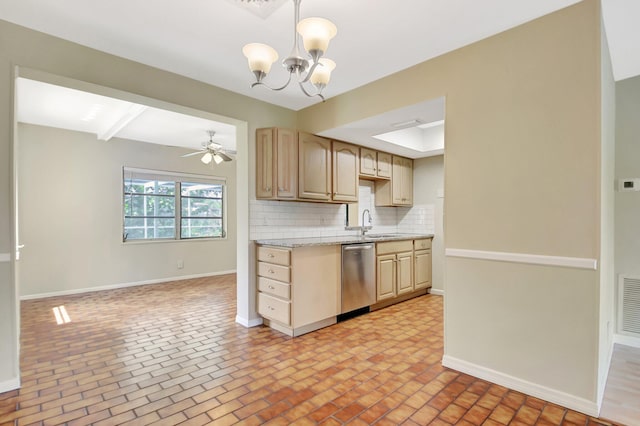 1103 NW 7th Ct, Boynton Beach, FL 33426 - kitchen featuring stainless steel dishwasher, brick patterned floors, tasteful backsplash, and a chandelier