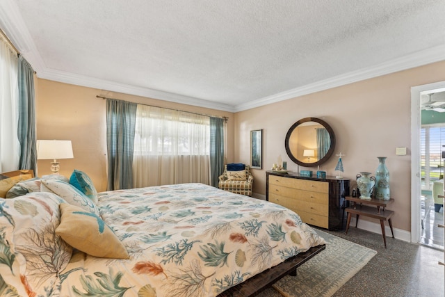1470 S Ocean Blvd Unit 301, Pompano Beach, FL 33062 - bedroom featuring crown molding, baseboards, a textured ceiling, and speckle patterned floor