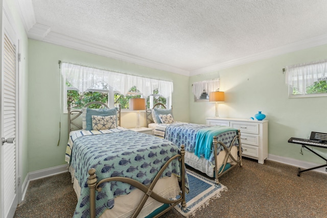1470 S Ocean Blvd Unit 301, Pompano Beach, FL 33062 - bedroom with baseboards, multiple windows, crown molding, and a textured ceiling