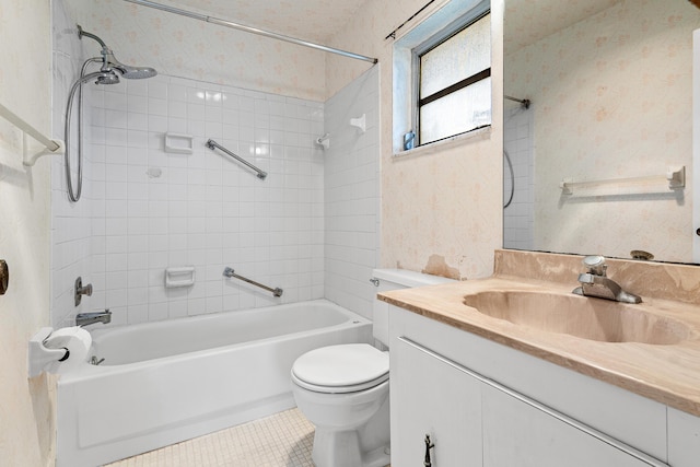 5606 Via Delray Unit B, Delray Beach, FL 33484 - bathroom with vanity, toilet, shower / bathtub combination, wallpapered walls, and tile patterned flooring
