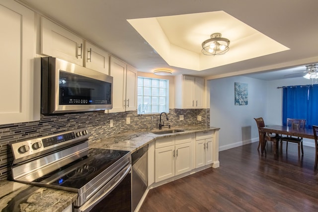 103 Weybridge C Cir Unit C, Royal Palm Beach, FL 33411 - kitchen featuring appliances with stainless steel finishes, light stone counters, a tray ceiling, dark wood-style flooring, and white cabinets