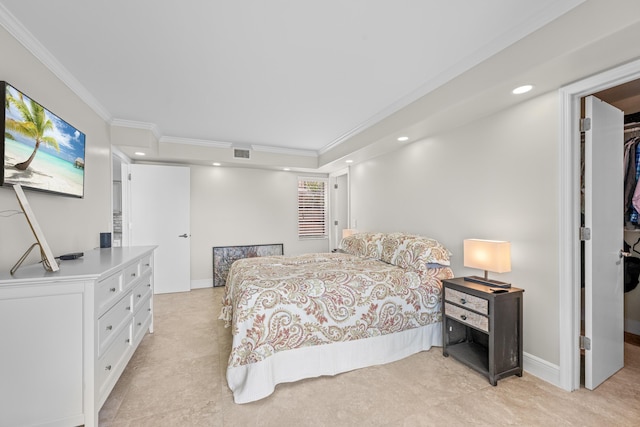 112 Piedmont C, Delray Beach, FL 33484 - bedroom featuring ornamental molding, a walk in closet, recessed lighting, a closet, and light tile patterned floors