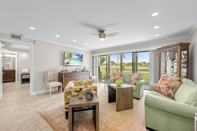 112 Piedmont C, Delray Beach, FL 33484 - living room with a ceiling fan, crown molding, recessed lighting, and light tile patterned flooring