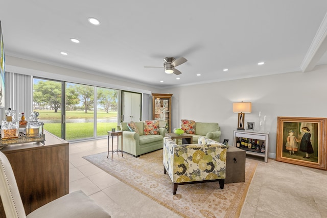 112 Piedmont C, Delray Beach, FL 33484 - living room with ornamental molding, ceiling fan, light tile patterned floors, and recessed lighting