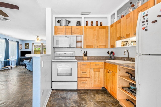 1405 N J Ter, Lake Worth Beach, FL 33460 - kitchen featuring white appliances, open shelves, and a ceiling fan