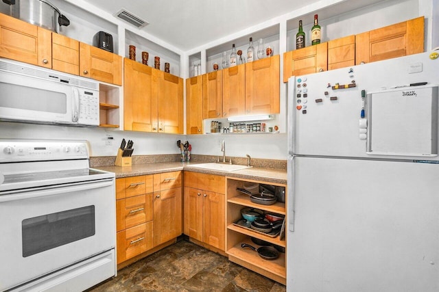 1405 N J Ter, Lake Worth Beach, FL 33460 - kitchen with white appliances, open shelves, stone finish flooring, and light countertops