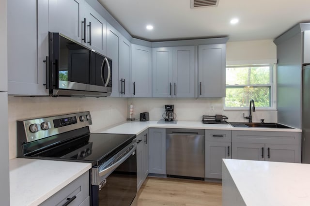 16932 W Aintree Dr W, Loxahatchee, FL 33470 - kitchen with stainless steel appliances, a sink, gray cabinetry, light countertops, and light wood-type flooring