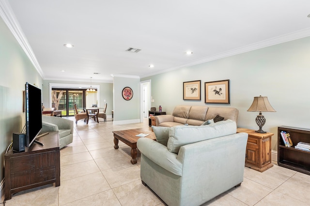 9950 Pyracantha Tree Ter Unit B, Boynton Beach, FL 33436 - living room featuring a chandelier, crown molding, light tile patterned flooring, baseboards, and recessed lighting