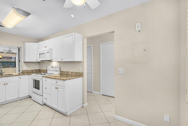1801 Indian River Blvd Unit B8, Vero Beach, FL 32960 - kitchen featuring white appliances, ceiling fan, a sink, electric panel, and white cabinetry