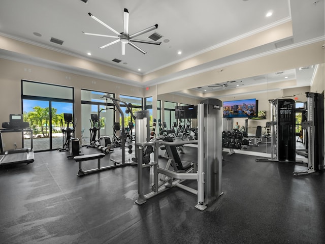 3181 Streng Ln, Royal Palm Beach, FL 33411 - exercise room featuring ceiling fan, a raised ceiling, crown molding, and recessed lighting