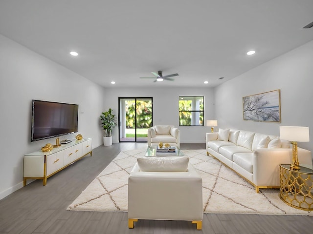 3181 Streng Ln, Royal Palm Beach, FL 33411 - living room featuring ceiling fan, wood finished floors, recessed lighting, and baseboards