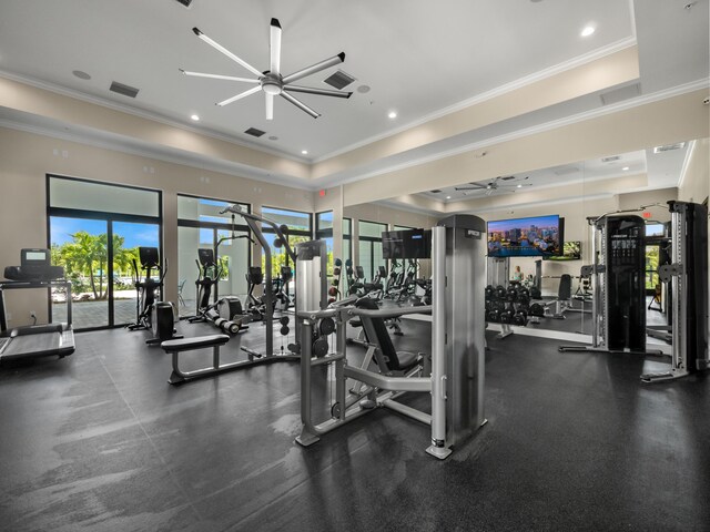 3181 Streng Ln, Royal Palm Beach, FL 33411 - exercise room with a ceiling fan, a tray ceiling, ornamental molding, and recessed lighting