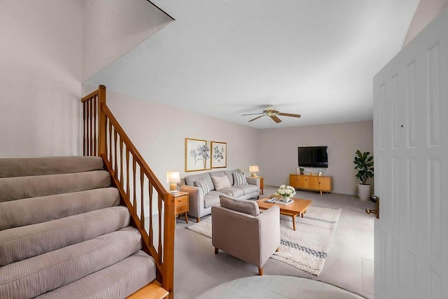 5642 SE Riverboat Dr Unit A5-120, Stuart, FL 34997 - carpeted living room with a ceiling fan and stairs