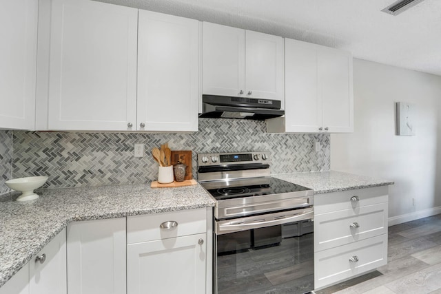 5890 Sugar Palm Ct Unit E, Delray Beach, FL 33484 - kitchen with under cabinet range hood, stainless steel electric range, light wood finished floors, and white cabinetry