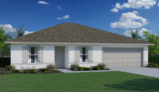 1438 SW Goodman Ave, Port Saint Lucie, FL 34953 - ranch-style house featuring driveway, an attached garage, a front yard, and roof with shingles