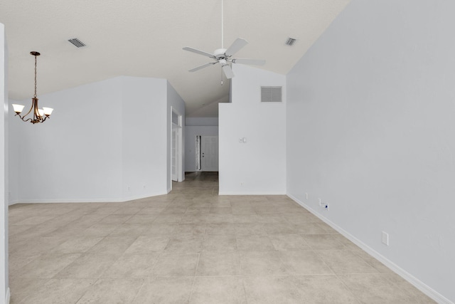 2281 SW Olympic Club Ter, Palm City, FL 34990 - unfurnished room featuring a chandelier, a ceiling fan, high vaulted ceiling, and baseboards
