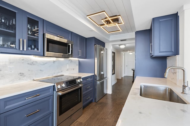 899 Jeffery St Unit 414, Boca Raton, FL 33487 - kitchen with appliances with stainless steel finishes, a sink, blue cabinetry, and dark wood-style floors