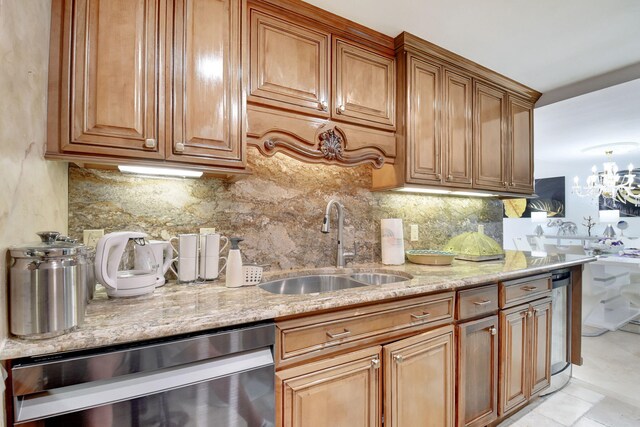 5600 N Flagler Dr Unit 605, West Palm Beach, FL 33407 - kitchen with stainless steel dishwasher, a sink, tasteful backsplash, and brown cabinetry