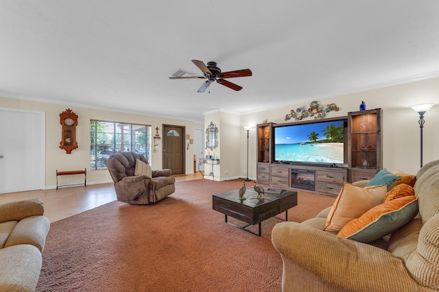 8858 SW 8th St, Boca Raton, FL 33433 - living area with crown molding and a ceiling fan