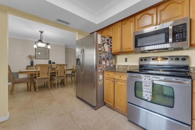 8858 SW 8th St, Boca Raton, FL 33433 - kitchen with stainless steel appliances, a raised ceiling, crown molding, dark stone counters, and light tile patterned flooring