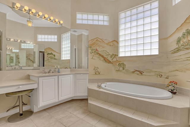 9466 Lantern Bay Cir, West Palm Beach, FL 33411 - bathroom with a bath, tile patterned floors, vanity, and a towering ceiling