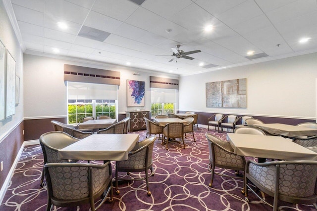 5871 Grand Harbour Cir, Boynton Beach, FL 33437 - dining room featuring ornamental molding, a ceiling fan, a wainscoted wall, carpet flooring, and recessed lighting