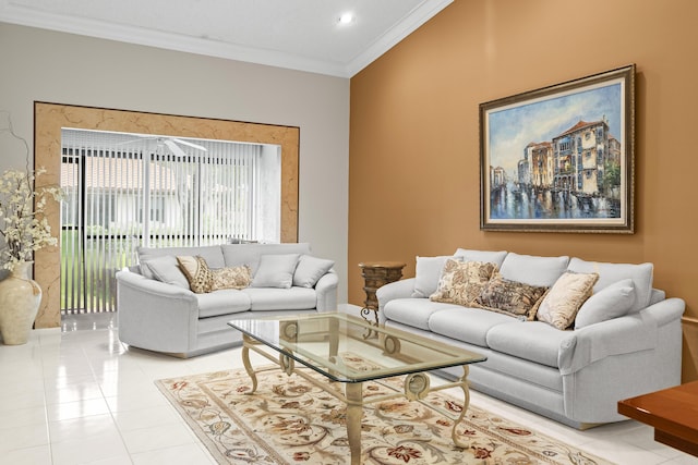 6067 Kings Gate Cir, Delray Beach, FL 33484 - living room with crown molding, light tile patterned flooring, and recessed lighting