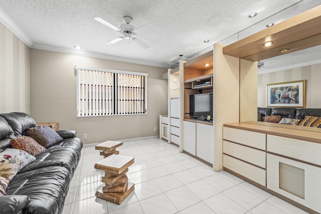 6067 Kings Gate Cir, Delray Beach, FL 33484 - living area featuring ceiling fan, crown molding, a textured ceiling, light tile patterned floors, and baseboards