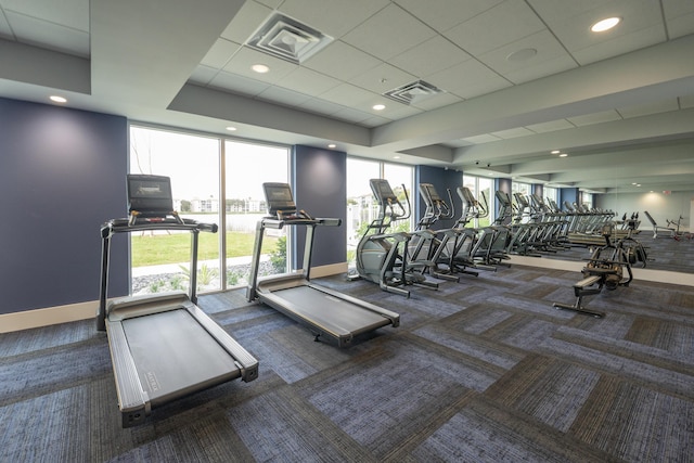 6067 Kings Gate Cir, Delray Beach, FL 33484 - exercise room with carpet flooring, baseboards, and a raised ceiling