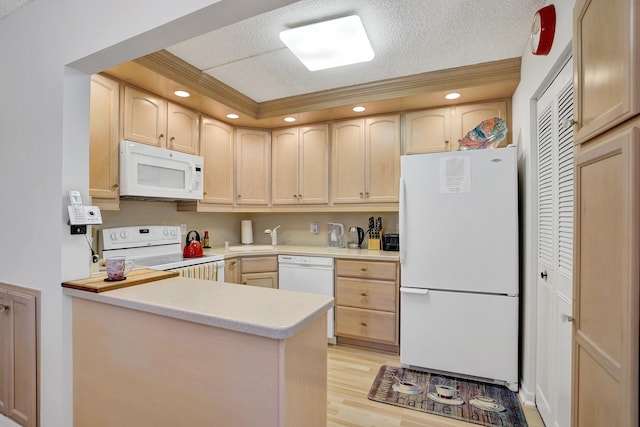 3561 Tall Pine Way Unit B-1, Greenacres, FL 33463 - kitchen with white appliances, light brown cabinets, light wood-style flooring, light countertops, and recessed lighting
