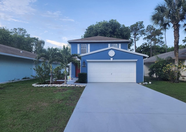 5606 Rambler Rose Way, West Palm Beach, FL 33415 - view of front of house with driveway, a front yard, stucco siding, and an attached garage