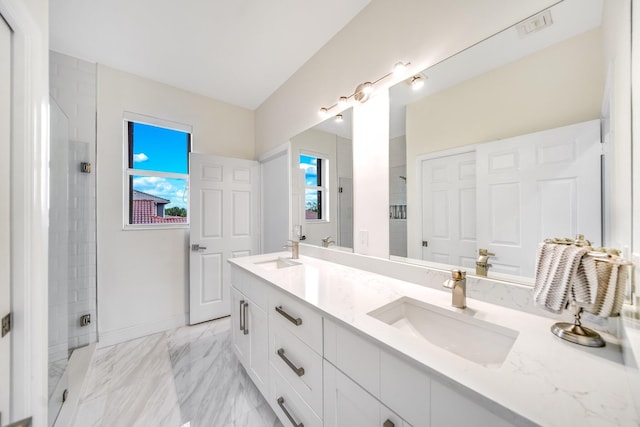 1855 SW Jamesport Dr, Port Saint Lucie, FL 34953 - bathroom with double vanity, a shower, and marble finish flooring