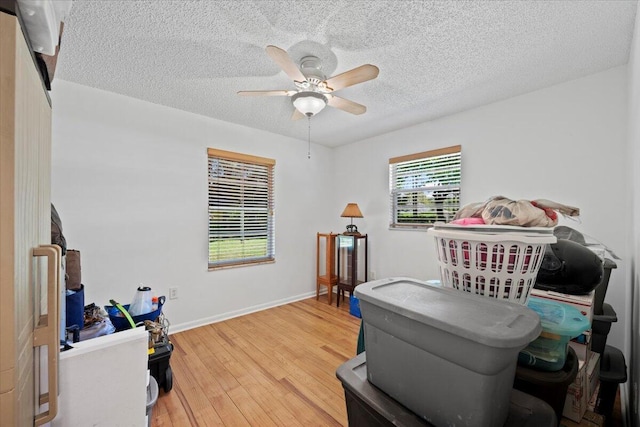 13704 58th Ct N, The Acreage, FL 33411 - bedroom featuring light wood-style floors, a textured ceiling, baseboards, and ceiling fan