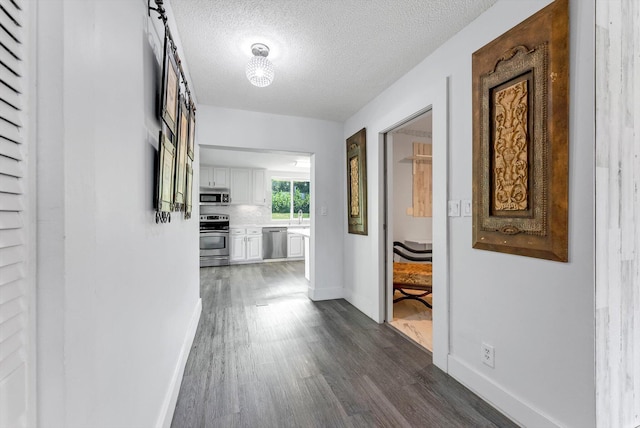 18905 Cloud Lake Cir, Boca Raton, FL 33496 - hall with dark wood-style floors, a textured ceiling, a sink, and baseboards