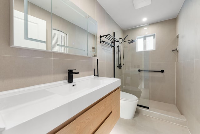 4474 Foxtail Ln, Weston, FL 33331 - full bath featuring toilet, a walk in shower, vanity, tile walls, and recessed lighting